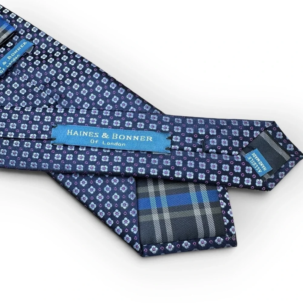 Haines & Bonner of London Silk Tie Blue Purple Geometric Floral Handmade 58x3.25